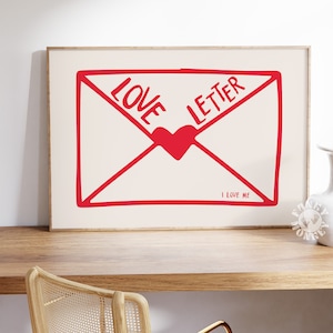 Impresión de dormitorio de moda, arte de pared de carta de amor roja, póster imprimible horizontal, estética de apartamento femenino, descarga digital me amo funky