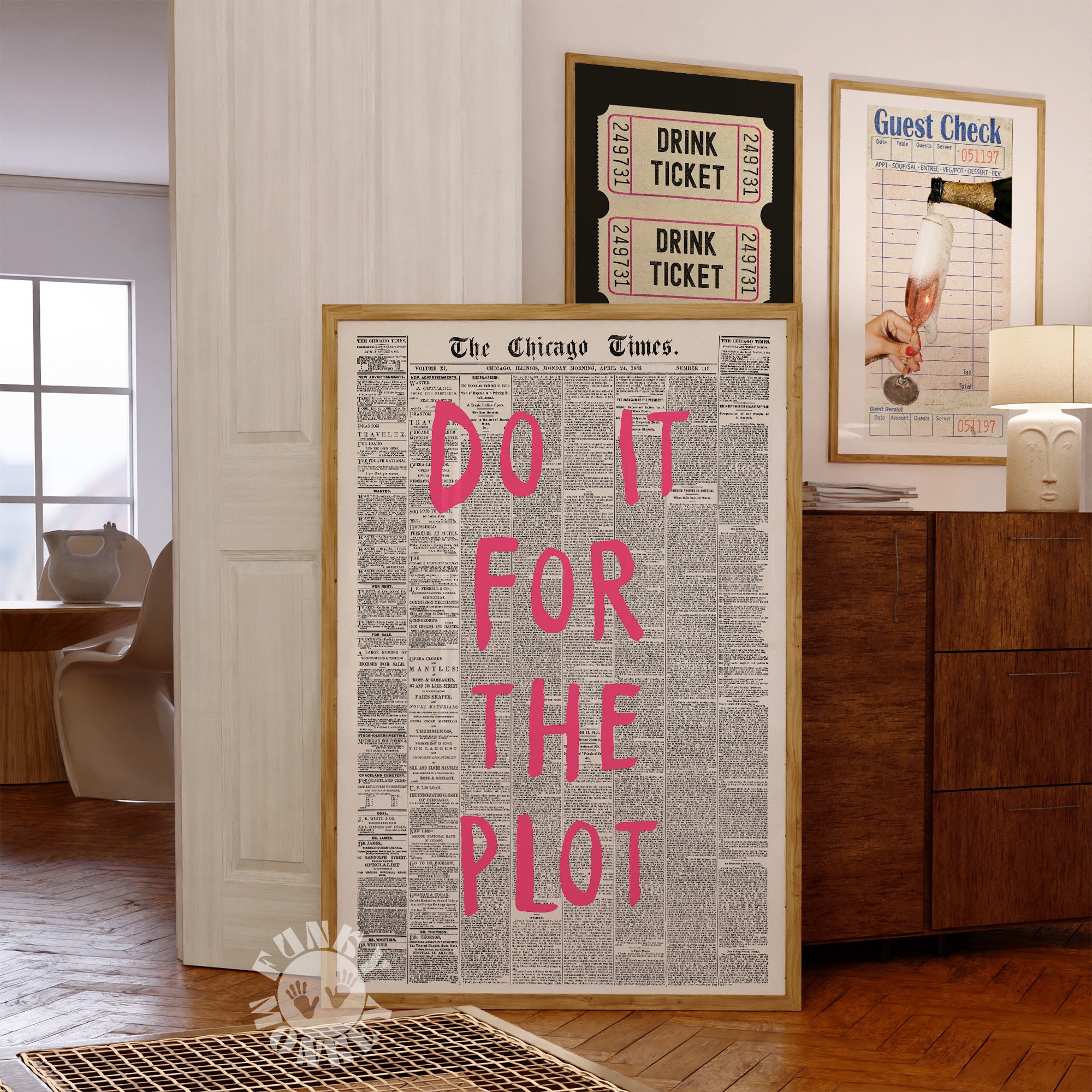 Do It for the Plot Retro Newspaper Print, Pink Trendy Wall Art ...