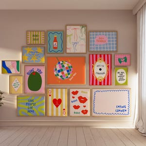 Dopamine Gallery Wall Set of 16 Prints, Trendy Posters, Maximalist Digital Bundle, Funky Retro Printable Wall Art, Dorm Room Decor
