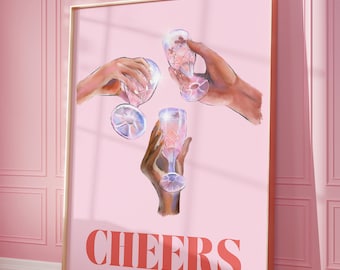 Cheers Print Roze Wall Art Prints, Trendy Wall Art, Cocktail Poster, Pink Bar Cart Art Print, Preppy Poster, Girly Prints, Digitale Prints