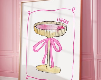 Girly Cocktail Print, Pink Martini Drink, Coquette Esthetische Pink Bow Decor, Cheers Trendy Retro Bar Cart Decor, Slaapzaal Digitale Print