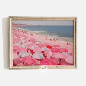 Różowy Vintage Beach Print, Abstrakcyjny obraz nadmorski, Dziewczęcy wystrój mieszkania, Różowa drukowana sztuka ścienna, Retro parasole plażowe wydruk cyfrowy