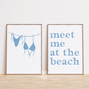 Set of 2 Blue Coastal Wall Art Prints, Blue Bikini Print Beachy Decor, Printable Art, Beach Digital Print Preppy Trendy Poster Summer Prints