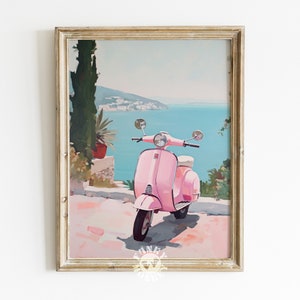 Impresión costera italiana rosa preppy, pintura retro de Vespa, impresión de arte mural de la costa de Amalfi, cartel de viaje de Italia, estética femenina rosa de moda