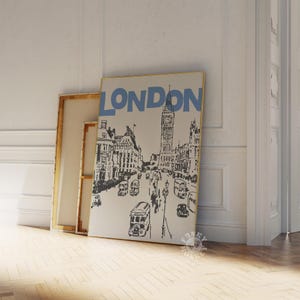 May include: A black and white illustration of London, England, with Big Ben and double-decker buses. The word "LONDON" is written in blue letters across the top of the image.