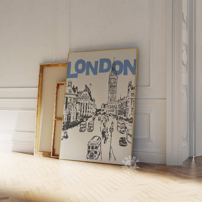 May include: A black and white illustration of London, England, with Big Ben and double-decker buses. The word "LONDON" is written in blue letters across the top of the image.