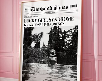 Trendy Newspaper Print Lucky Girl Syndrome Headline Poster, College Apartment Decor Funky Wall Art, Y2K Preppy Room Decor Disco Ball Poster