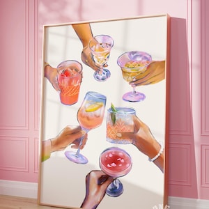 May include: A painting of six hands holding up different colorful cocktails in various glass shapes. The background is white with a light pink border.