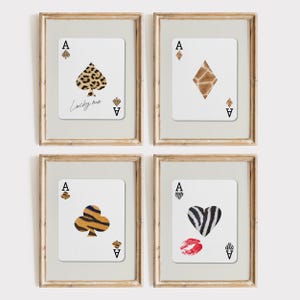 Juego de impresiones de cartas de juego Ace de moda, póster Lucky Me de Ace of Spades con leopardo, estética retro, impresiones digitales divertidas con estampado animal, arte imprimible