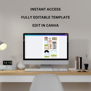 May include: A computer screen displaying a Canva design template with a variety of vintage-style illustrations, including matchboxes, a record, and a cloud. The text "Edit in Canva" is visible on the screen.