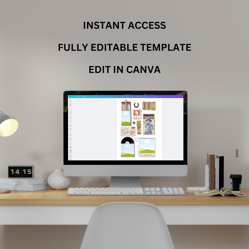 May include: A computer screen displaying a Canva design template with a variety of vintage-style illustrations, including matchboxes, a record, and a cloud. The text "Edit in Canva" is visible on the screen.