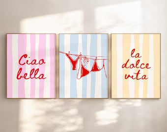 Set of 3 Beach Prints, Italian Summer Wall Art Set, La Dolce Vita Ciao Bella Posters, Trendy Bikini Preppy Stripes Coastal Aesthetic