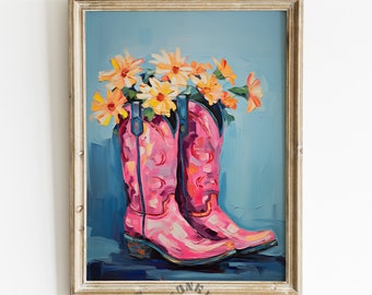 Pink Cowgirl Boots Printable Art, Retro Western Print, Funky