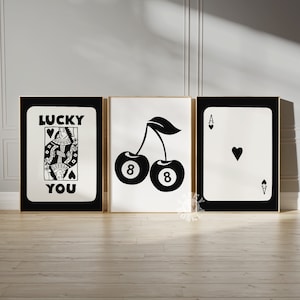 Zestaw 3 wydruków kart do gry Lucky You, modna sztuka ścienna, karty do gry retro, plakat Queen of Hearts, 8Ball Cherry, karta As, wydruki cyfrowe
