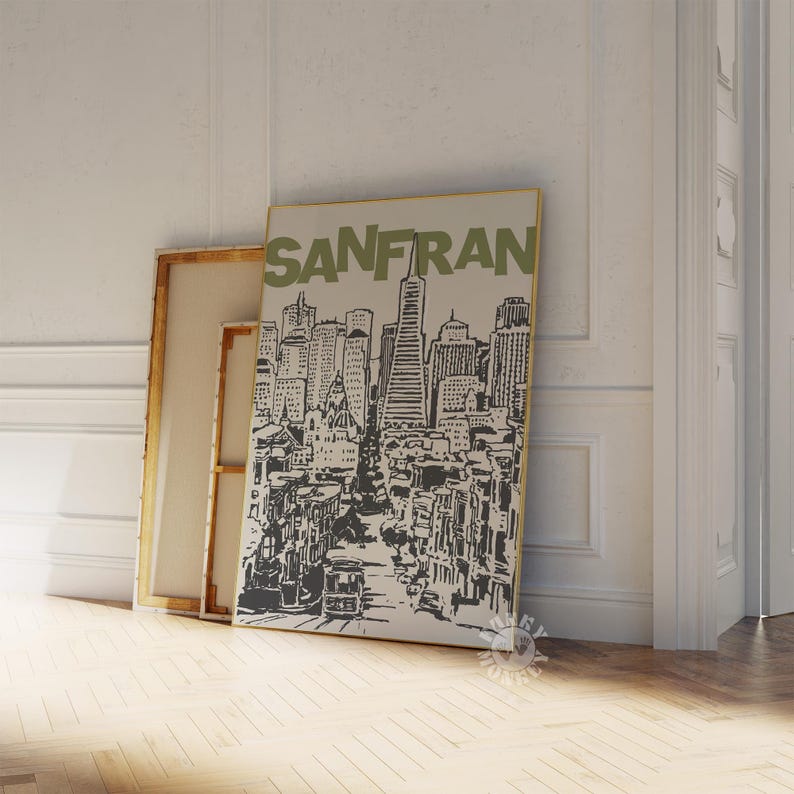 May include: A black and white illustration of the San Francisco skyline with the text "SAN FRAN" in green letters. The illustration features the iconic Golden Gate Bridge and other buildings.