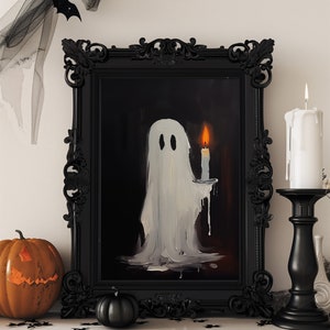 May include: A black framed painting of a white ghost holding a lit candle against a dark background.