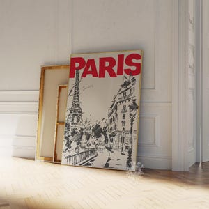 May include: A black and white illustration of the Eiffel Tower and Parisian buildings with the word "PARIS" in red letters at the top of the image.