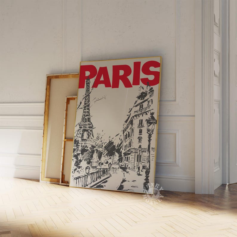 May include: A black and white illustration of the Eiffel Tower and Parisian buildings with the word "PARIS" in red letters at the top of the image.