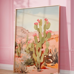 Impresión de arte descargable de cactus del desierto, estética occidental, arte de pared imprimible femenino rosa de moda, decoración de la habitación Boho, impresión digital de póster vintage