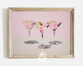 Pink Bar Cart Art Print, Retro Summer Cocktail Print, Preppy Drink Painting, Trendy Wall Art, Retro Poster, Digital Prints, Printable Art
