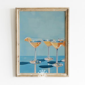 Retro Cocktail Print, Preppy Drink Painting, Blue Bar Cart Art Print, Trendy Wall Art, Retro Poster, Digital Prints, Printable Art