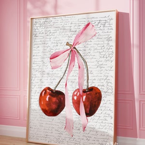 Estampado de cereza, estética coqueta, decoración de dormitorio de niña suave con lazo rosa, póster femenino imprimible, estampado femenino, impresión de apartamento universitario preppy