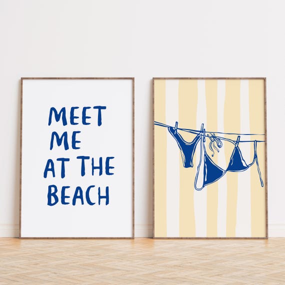 Navy Coastal Wall Art Set of 2 Prints, Blue Yellow Bikini Summer Poster, Meet Me At The Beach Printable, Digital Print, Preppy Trendy Poster