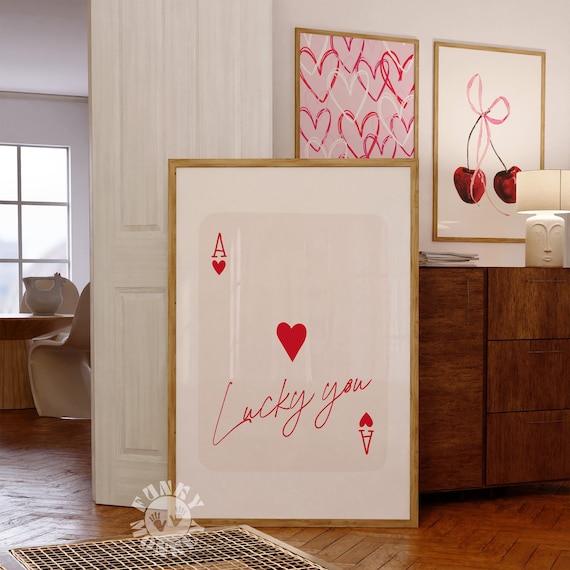 Lucky You Red Wall Art Print, Trendy Preppy Poster, Retro Ace of Hearts Playing Card, Printable Art, Digital Print, Girls Dorm Room Decor
