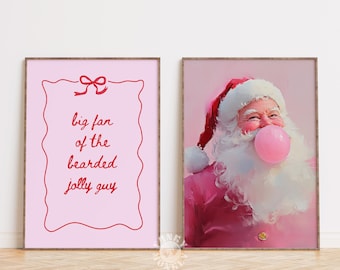 Trendy Christmas Print Set of 2, Pink Funny Santa Printable Wall Art, Holiday Decor, Girly Preppy XMas Poster, Girls Room Digital Print