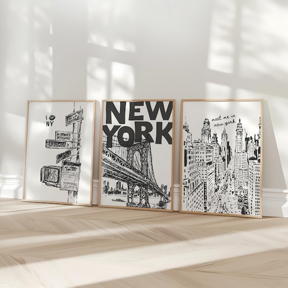 New York City Travel Wall Art Print Set, Retro NYC Poster, Trendy Printable Wall Art, Digital Prints, College Apartment Aesthetic Dorm Decor