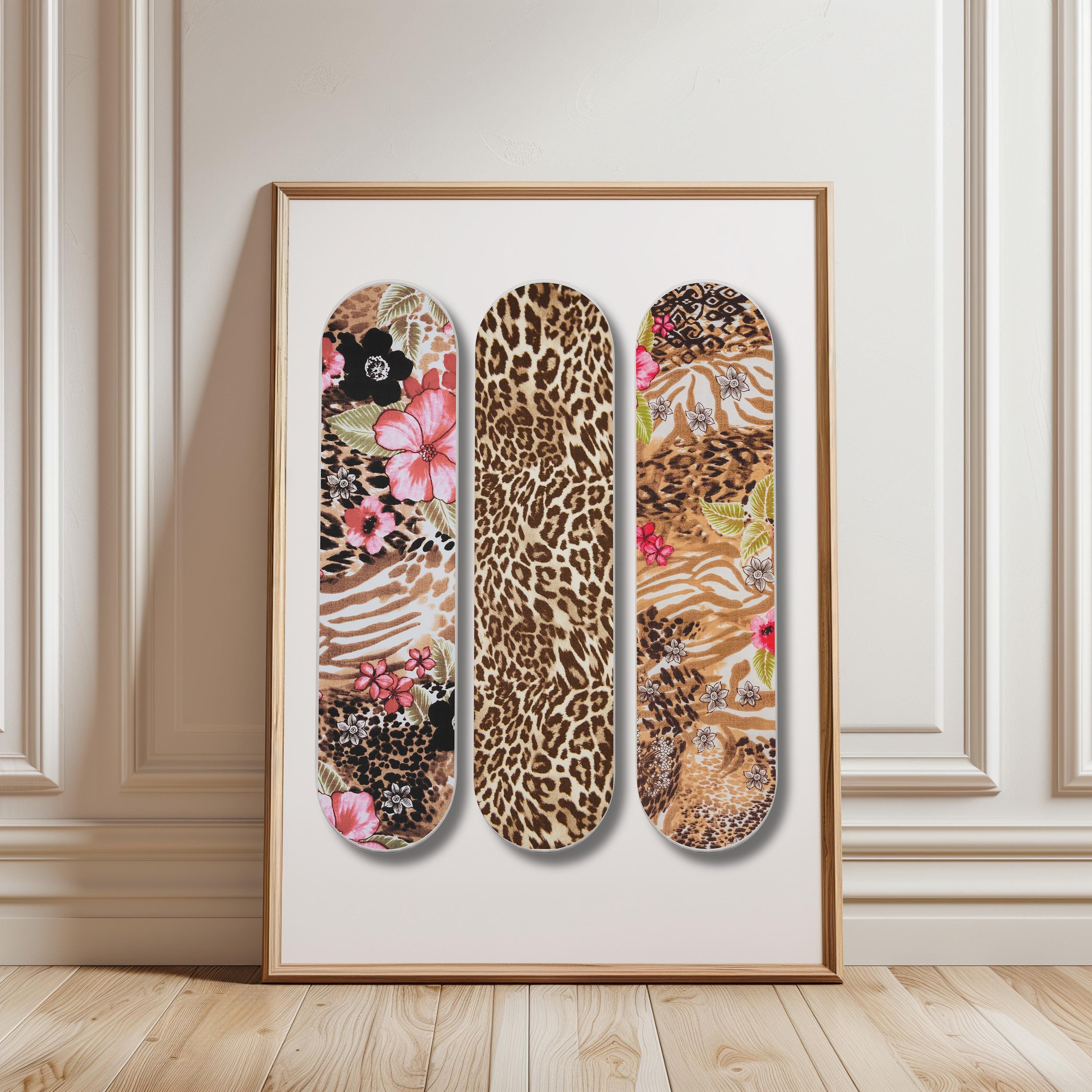 Skateboard Wall Art Print, Leopard Floral Printable Art, Pink
