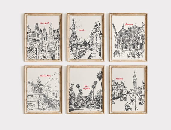Travel Poster Set of 6, Retro City Digital Prints, Trendy Wall Art, Printable NYC Paris LA London Art Gallery Wall Set Retro Dorm Room Decor