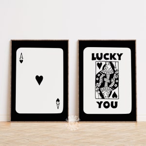 Set of 2 Lucky You Playing Card Prints, Trendy Wall Art, Retro Playing Cards Queen of Hearts Poster, Ace Card Digital Prints, Funky Wall Art