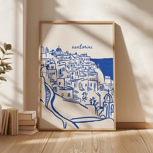 Santorini Reise Poster, Retro Navy Blau Griechenland Druck, trendige Wandkunst, Handgezeichnete Skizze, Digitaldruck, Stadtbild Poster, druckbare Kunst