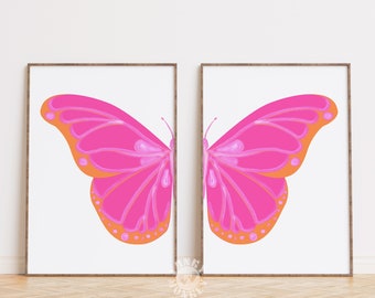 Butterfly Wall Art Set of 2 Prints, Pink Orange Preppy Y2K Room Decor For Teens, College Apartment Aesthetic, Trendy Dorm Room Essentials