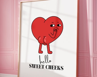Stampa bagno divertente Hello Sweet Cheeks, arte della parete del bagno retrò, arte stampabile del cuore rosso, stampa digitale estetica dell'appartamento di arte della parete alla moda