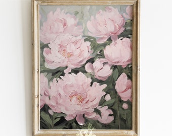 Peonies Print, Pink Coquette Room Decor, Girly Aesthetic, Grandmillenial Digital Print, Abstract Flowers Painting, Floral Printable Art