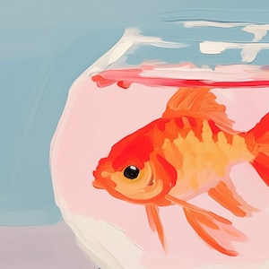 May include: A bright orange goldfish swims in a clear glass bowl with a pink interior. The bowl is partially filled with water and the goldfish is facing the viewer.