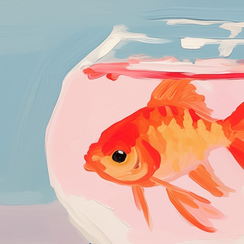 May include: A bright orange goldfish swims in a clear glass bowl with a pink interior. The bowl is partially filled with water and the goldfish is facing the viewer.