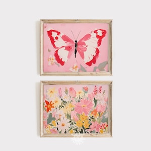 Girly Butterfly Print Set van 2, Roze Bloemen Coquette Esthetisch Decor, Girl&#39;s Kinderkamer Schilderij, Afdrukbare Muurkunst, Digitale Prints
