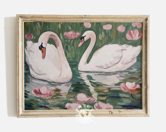 Swan Downloadable Art, Coquette Room Decor, Digital Print, Swan Painting, Girly Nursery, Coquette Aesthetic, Girl's Room Decor Whimsical Art