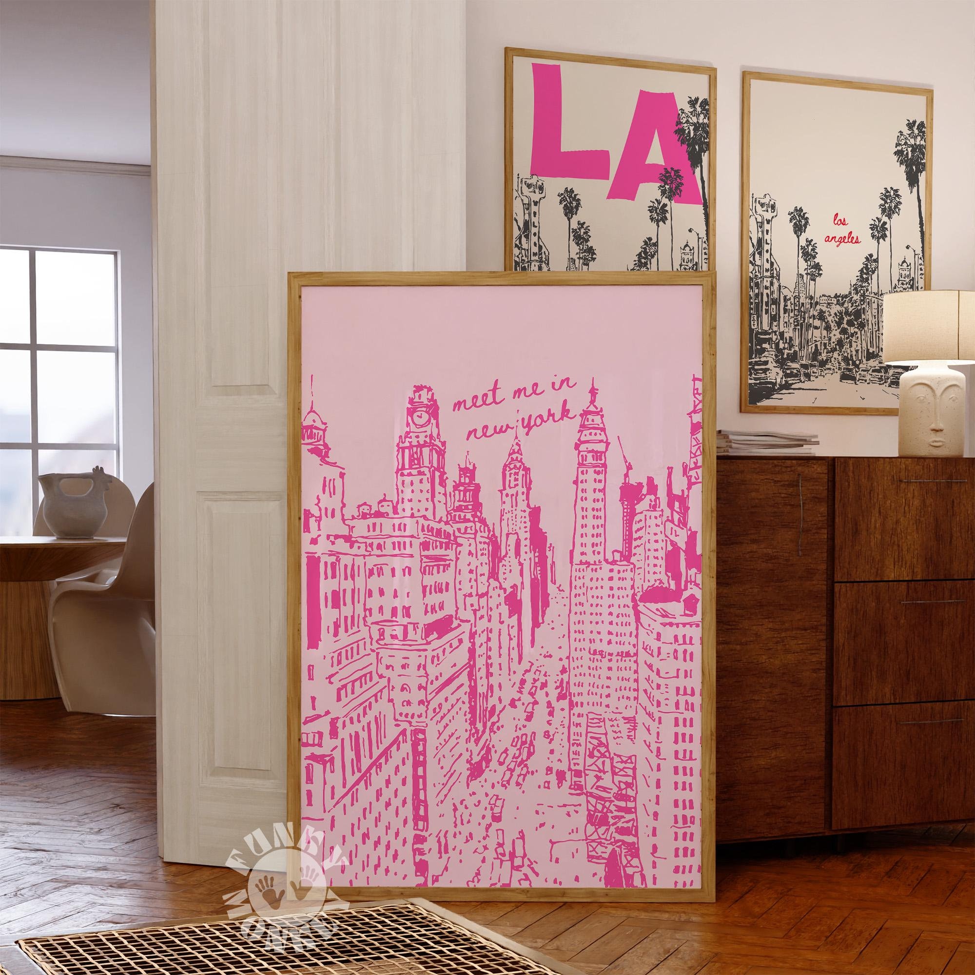 NYC Print, Pink New York City Travel Poster, Retro Print, Meet Me