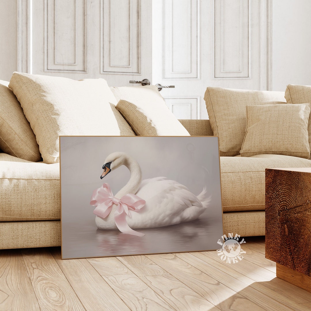 Swan Pink Bow Digital Print, Coquette Room Decor, Nursery Painting ...