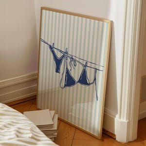 Bikini Print Blue Beachy Wall Art, Coastal Aesthetic Poster, Summer Digital Print, Bikini on Clothesline Trendy Wall Art, Preppy Print