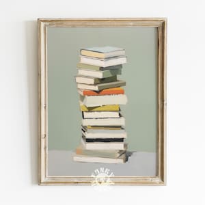 Stack of Books Painting, Sage Green Book Lover Print, Bookworm Printable Art, Trendy Wall Art, Digital Print, Eclectic Apartment Aesthetic