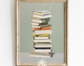 Stack of Books Painting, Sage Green Book Lover Print, Bookworm Printable Art, Trendy Wall Art, Digital Print, Eclectic Apartment Aesthetic