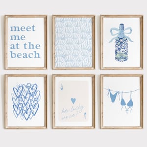 Conjunto de impresión costera de 6, arte de pared costera azul, impresiones digitales, estética de nieta costera, dormitorio de niñas preppy de playa, carteles de moda
