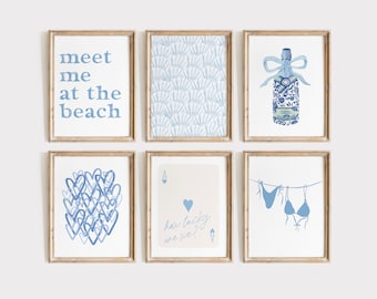 Coastal Print Set of 6, Blue Coastal Wall Art, Digital Prints, Coastal Granddaughter Aesthetic, Beach Preppy Girls Dorm Room, Trendy Posters