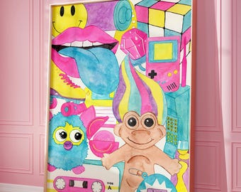 Póster retro de los 90, impresión artística de pared con nostalgia de juguetes de los 90, decoración de habitación maximalista del año 2000, arte mural moderno, impresión digital con estética de dopamina