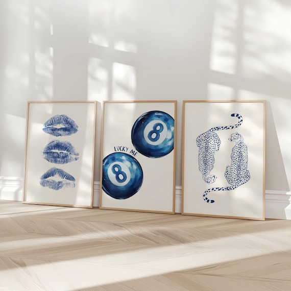 Navy Wall Art Set, Retro 8 Ball Poster, Blue Cheetah Print, Trendy Kiss Lips Digital Prints, Preppy Aesthetic, Dorm Room Decor Printable Art